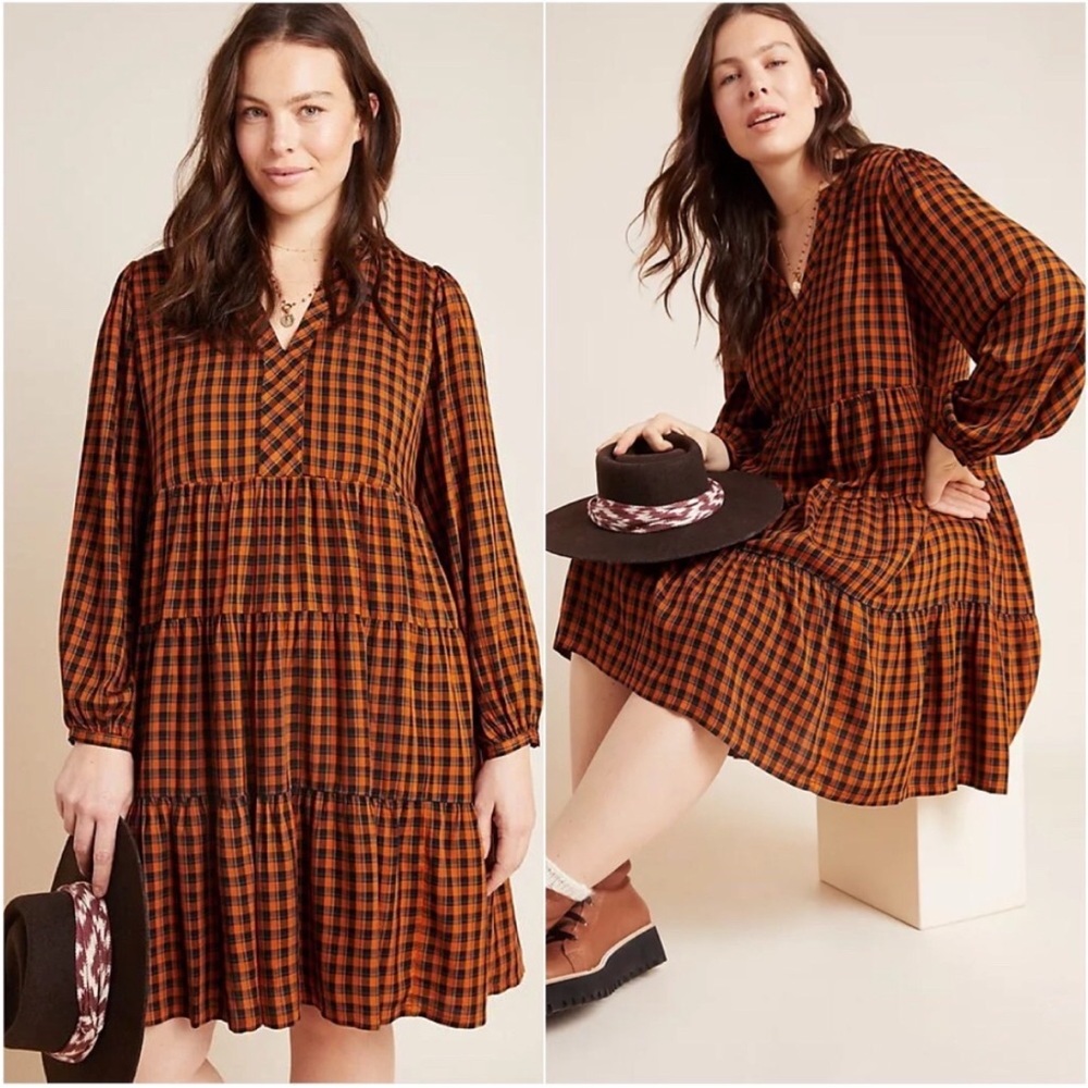 Anthropologie Maeve small Amber Plaid Tunic Shift Dress Tiered Fall Autumn EUC